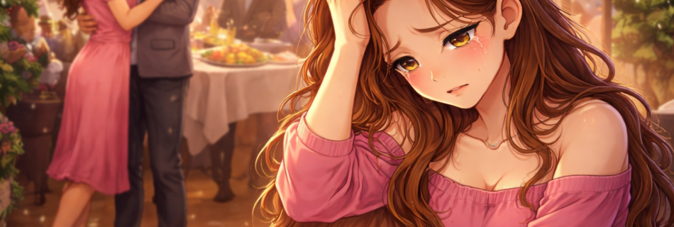 Woman standing between two male figures symbolizing inner conflict in relationships