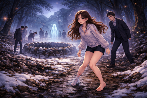 Barefoot woman standing on an icy road at night symbolizing vulnerability and instability