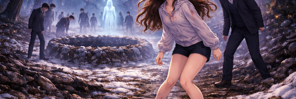 Barefoot woman standing on an icy road at night symbolizing vulnerability and instability